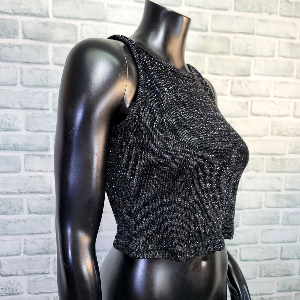 Vintage 90s Selections Size S Black Metallic Knit Crop Tank Top Y2K Clubwear - Picture 5 of 7